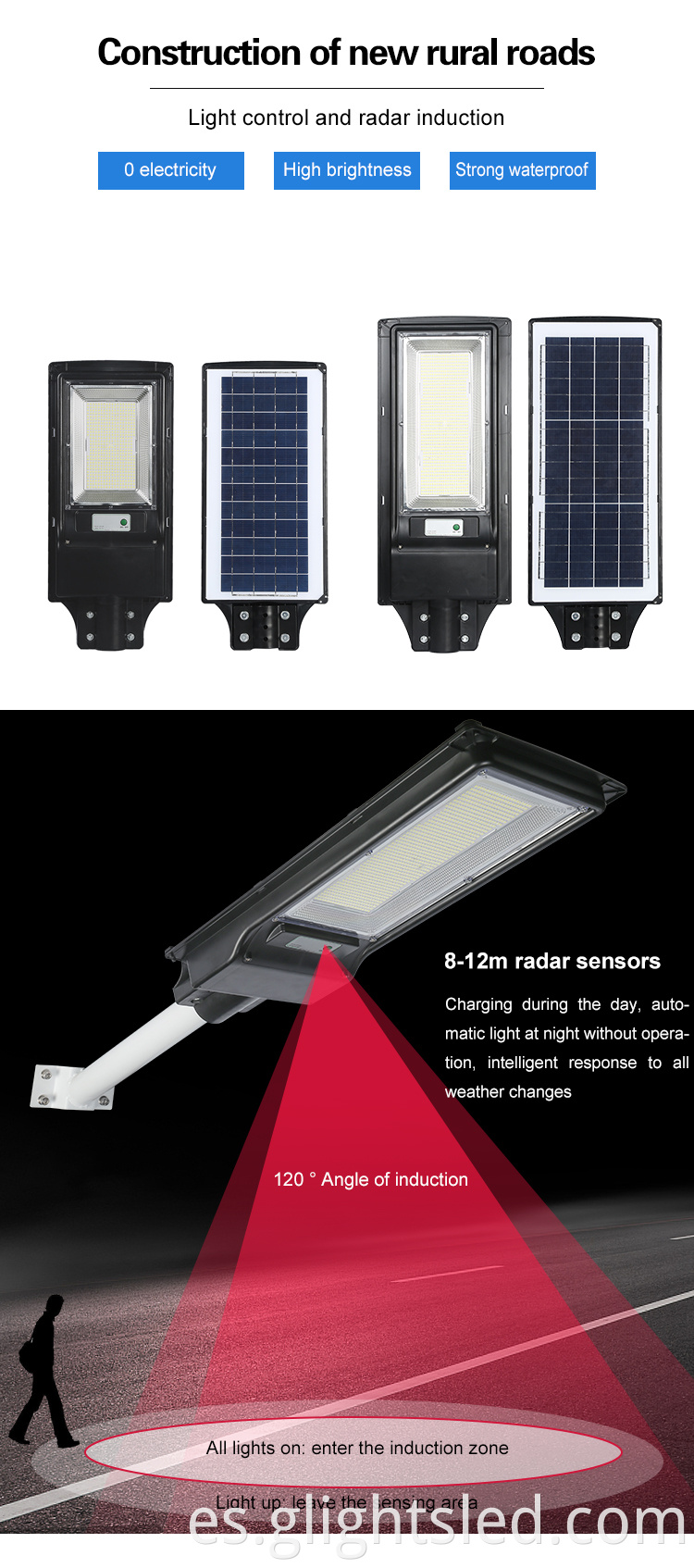 ABS de alta potencia impermeable IP65 al aire libre 100 vatios 200 vatios todo en una lámpara de carretera led solar integrada
